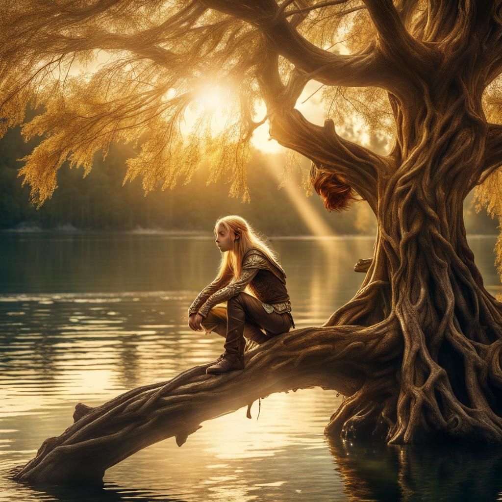 Golden Elven Youth in Giant Tree, Hyperrealistic