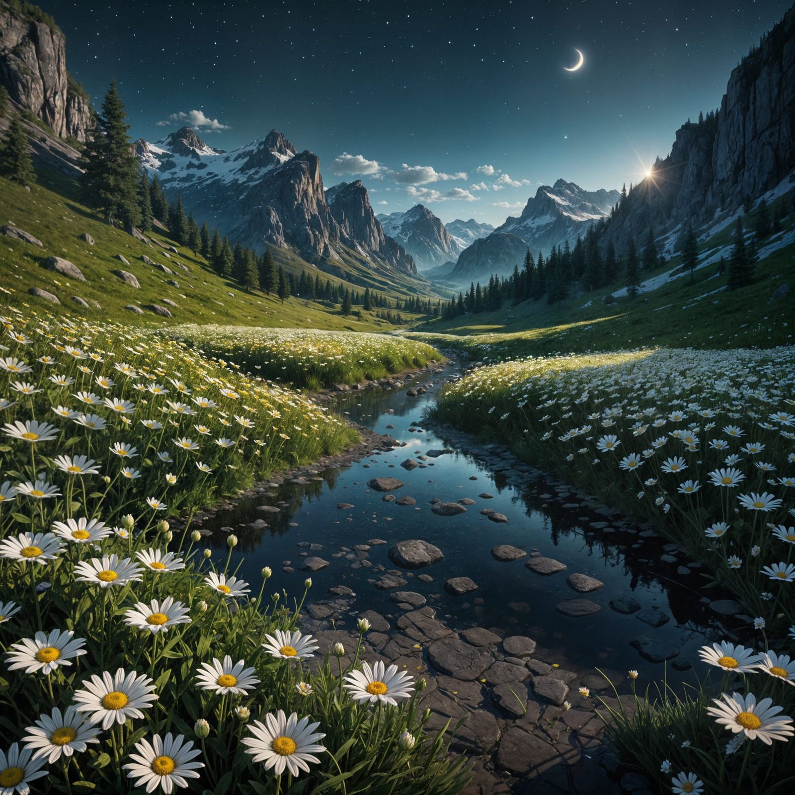 Daisies Cover Valley Floor Under Starry Night Sky