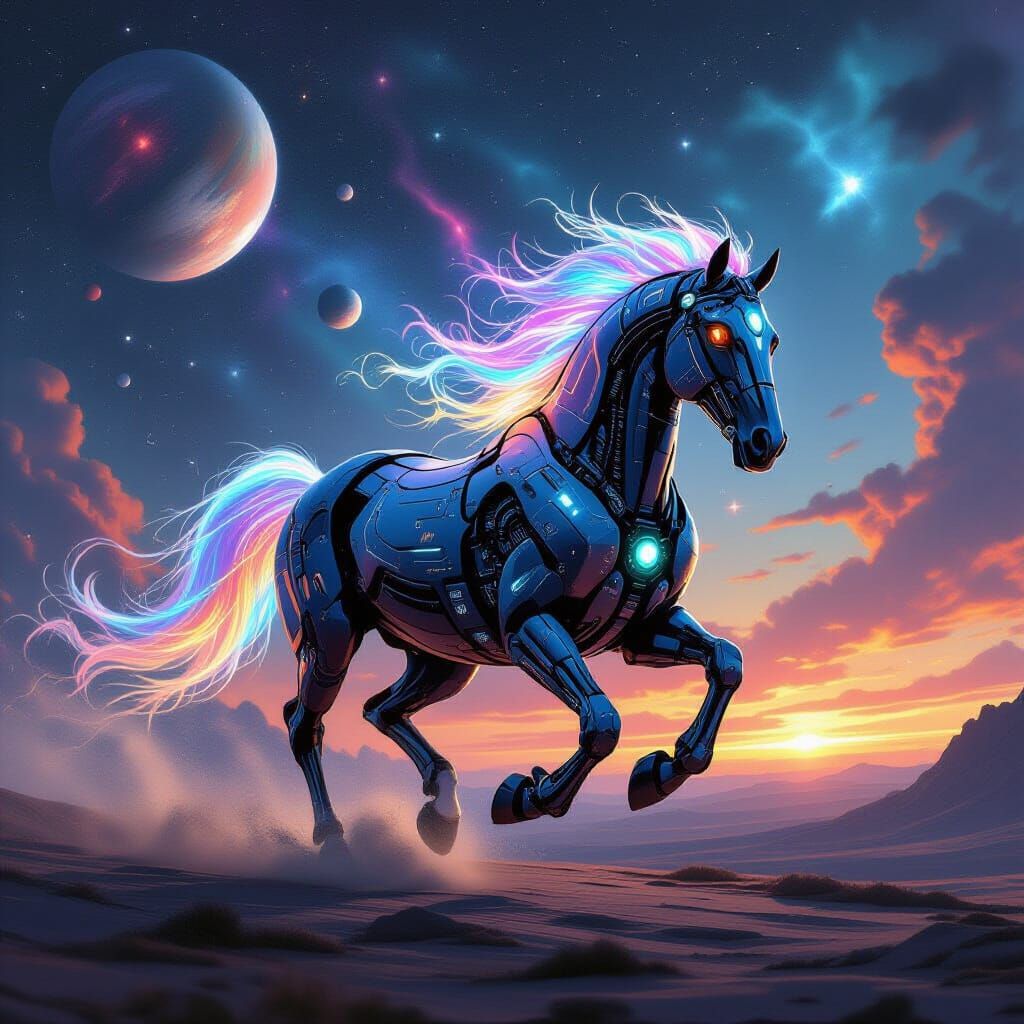 Cybernetic Horse Gallops Through Cosmic Vista in Surreal Sty...