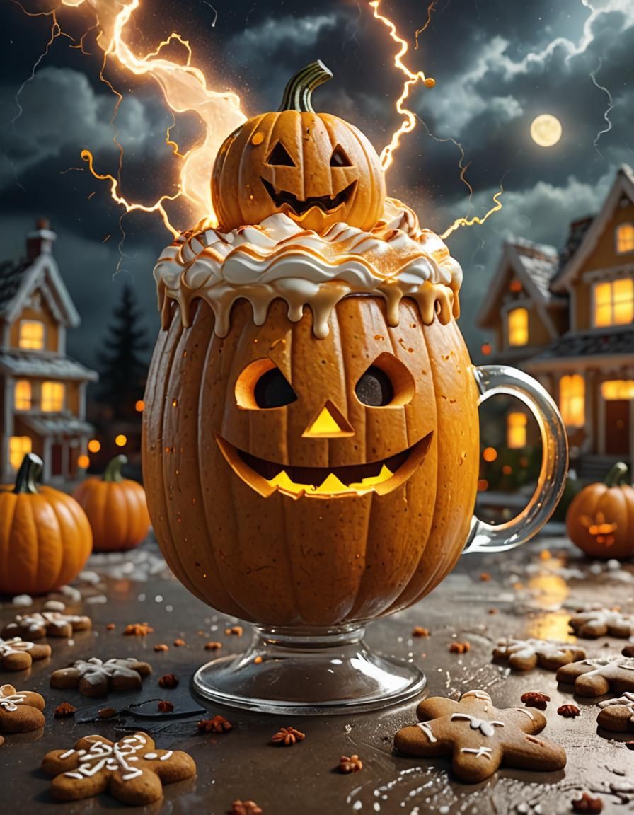 Hyperrealistic 3D Pumpkin Spice Latte Under Lightning