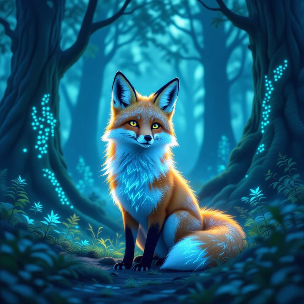 Bioluminescent Fox in Mystical Forest with Anime Accents
