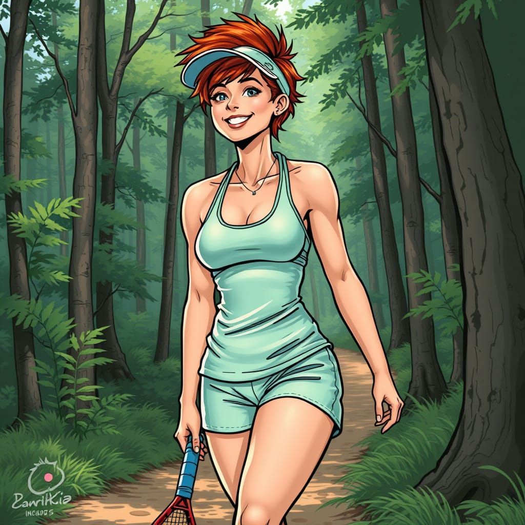 Vibrant Female Athlete Embarks on a Forest Tennis Adventure....