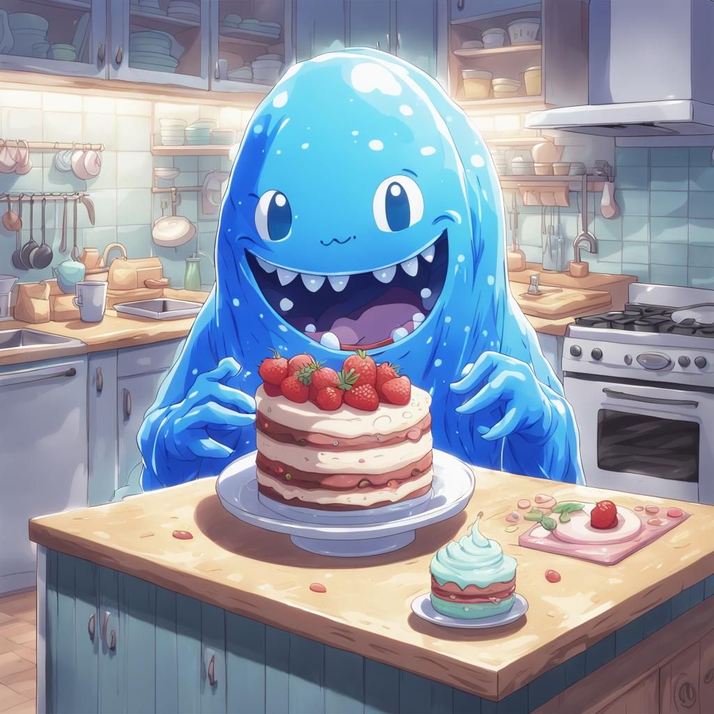 Blue Slime Creature with Cake in Anime Style
