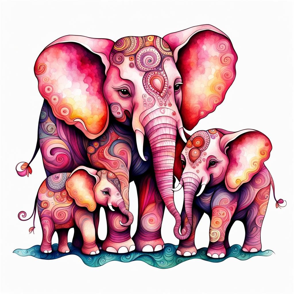 Pink Elephant Family Zentangle Watercolor Illustration