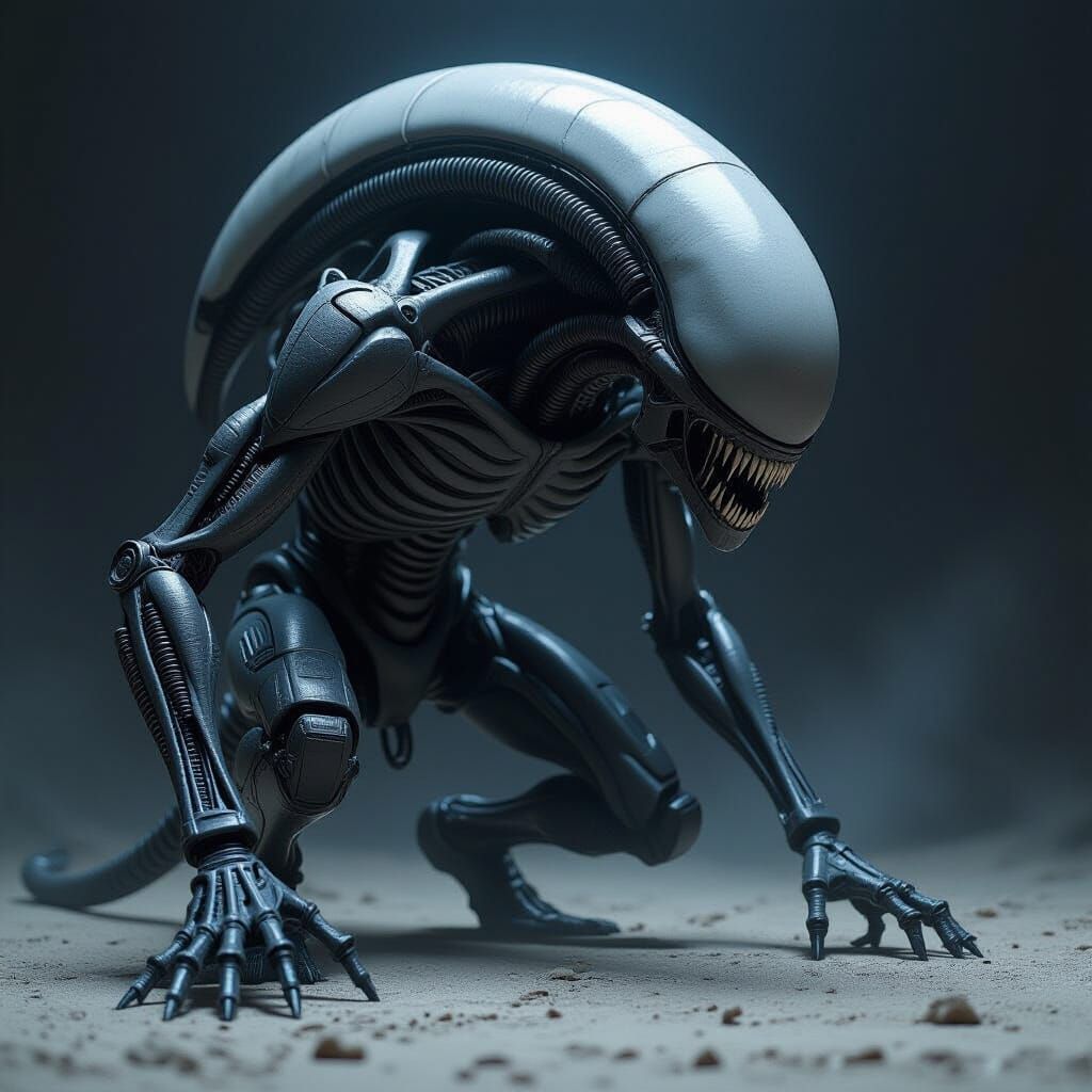 Biomechanical Alien Creature Emerges from Shadows