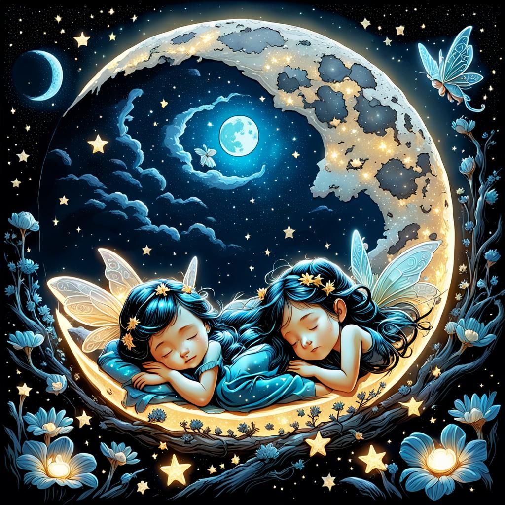 Fairies Sleeping on a Bioluminescent Moon in Galaxy