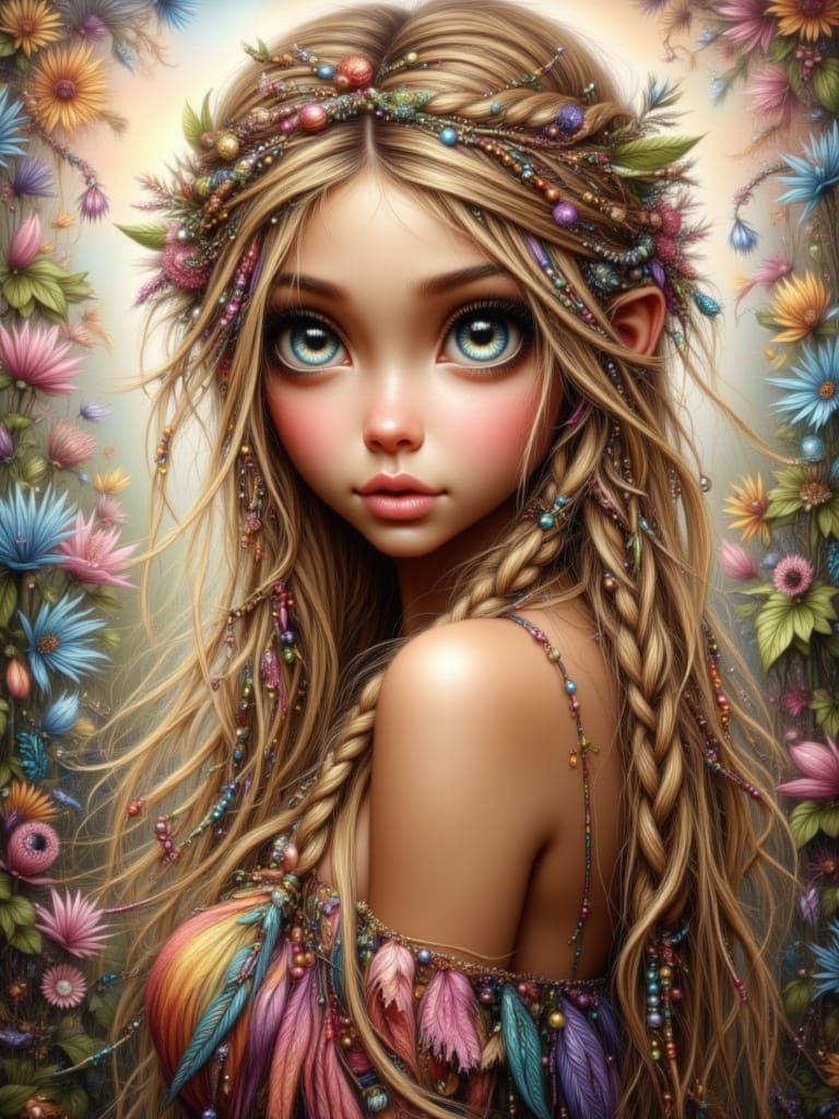 Whimsical Hippie Woman with Braids and Flowers