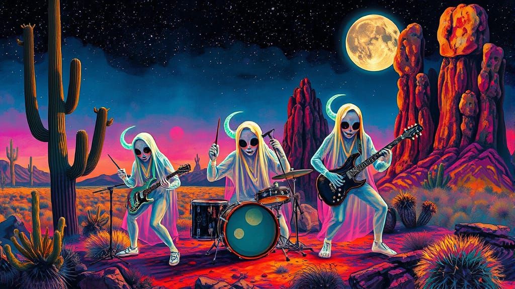 Electric Desert Eclipse: Ghostly Musicians Under Starless Sk...