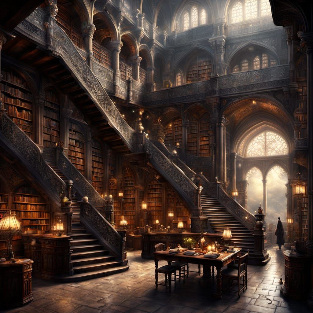 Epic Fantasy Library with Wise Men in a Stunning Digital Pai...