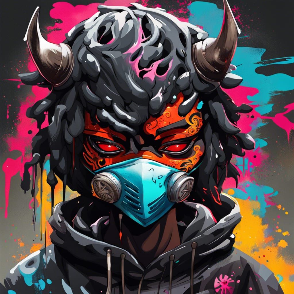 Anime Character with Oni Mask in Graffiti Art