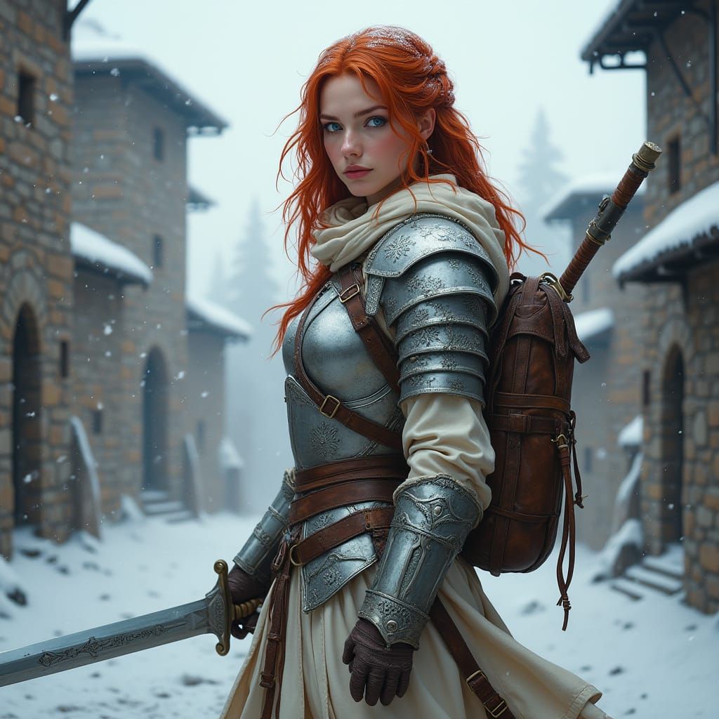 Armored Woman Enters Town, Futuristic Concept Art