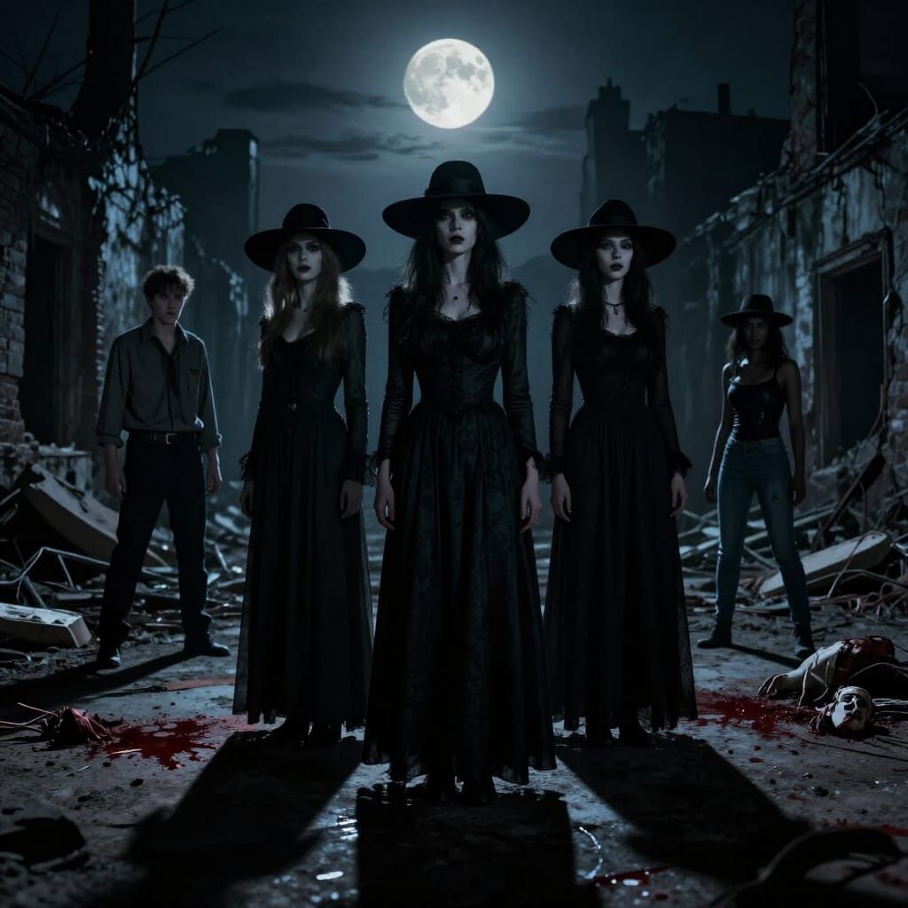 Gothic Horror Scene: Women in Hats in Ruined City