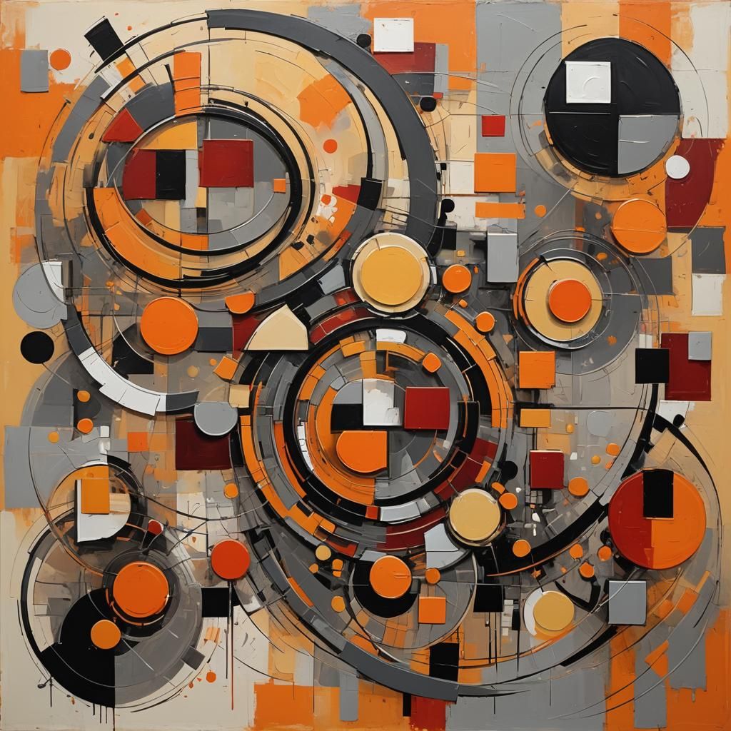 Bauhaus Abstract Realism Painting in Orange and Grey