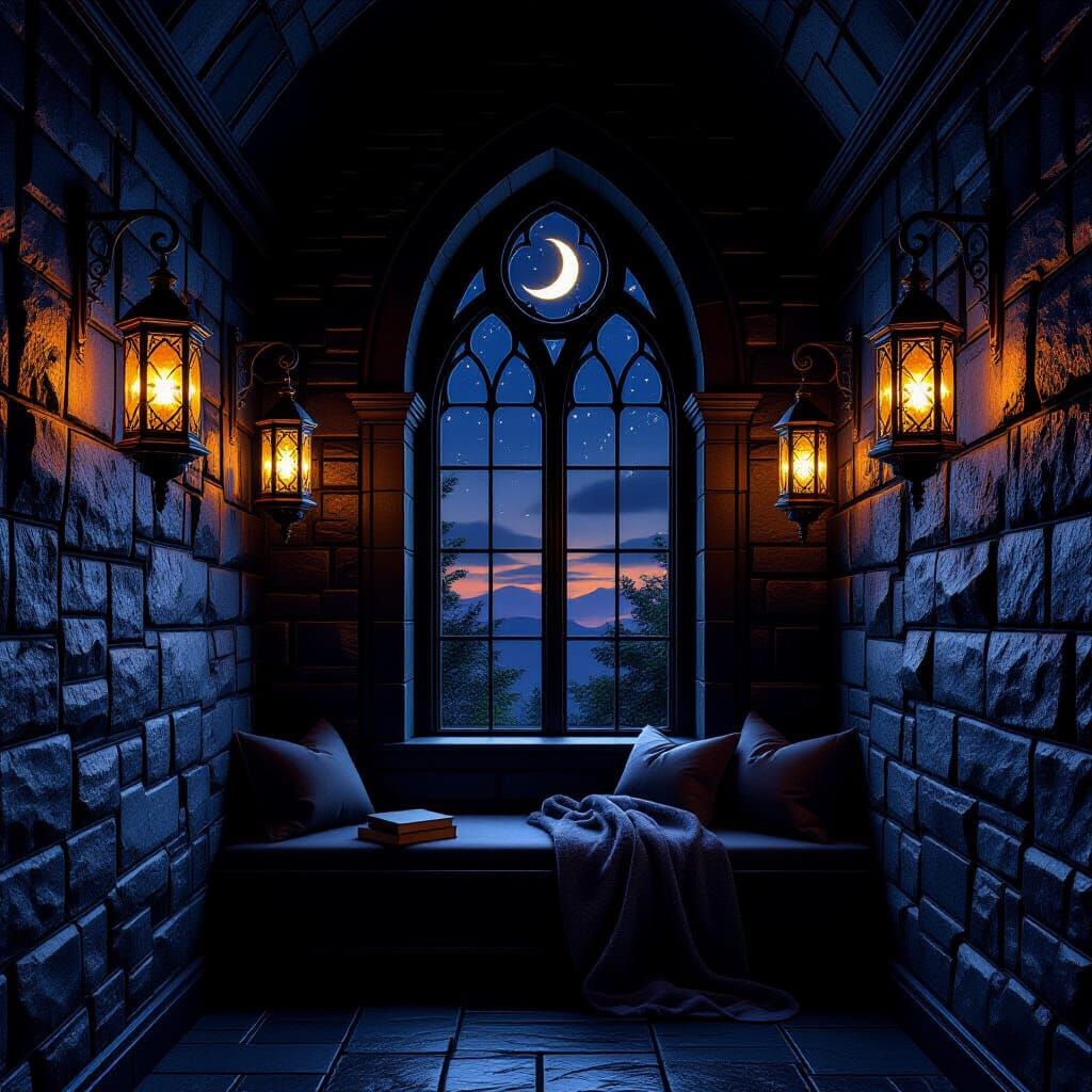 Gothic Stone Corridor Lit by Warm Lanterns