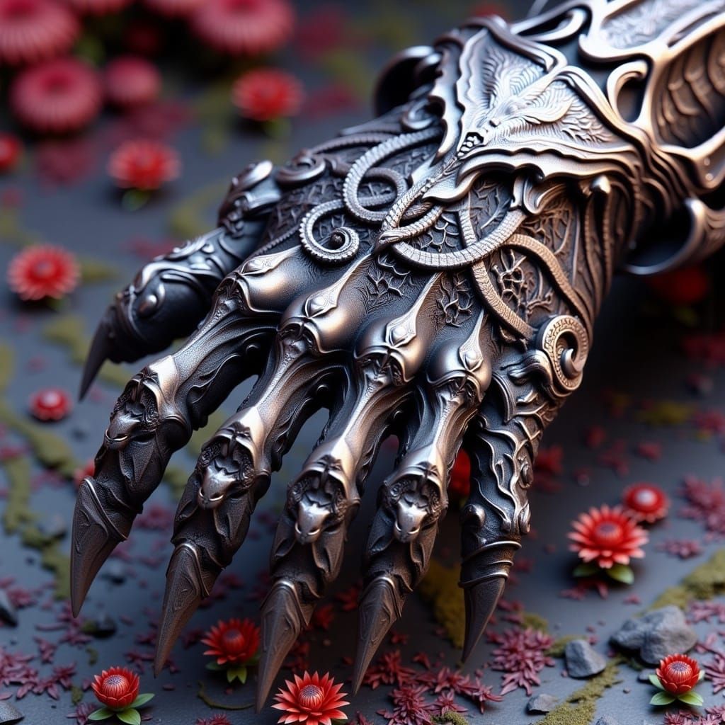 Ornate Steel Gauntlet with Jagged Claws in Industrial Futuri...