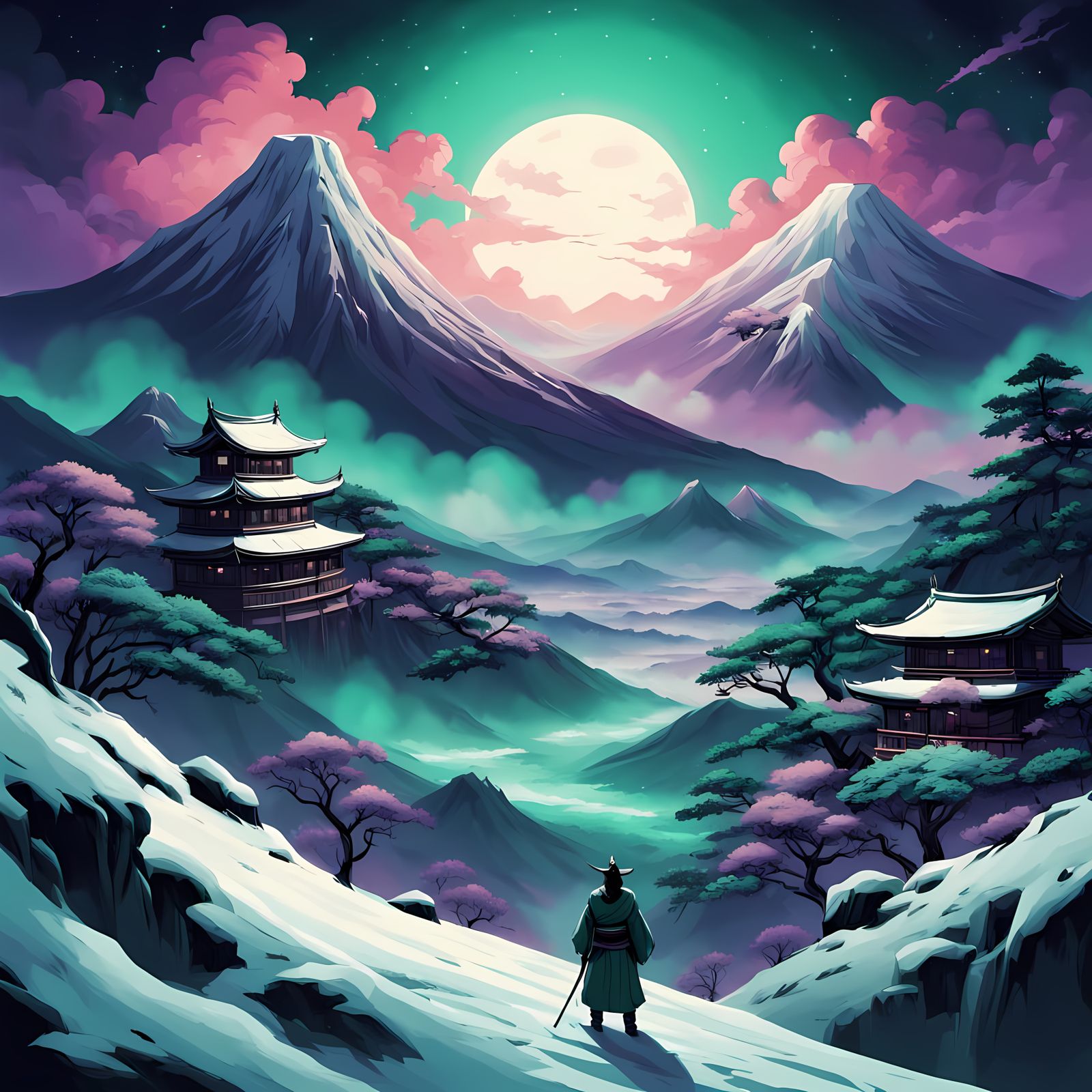 Samurai Warrior Under Aurora Borealis
