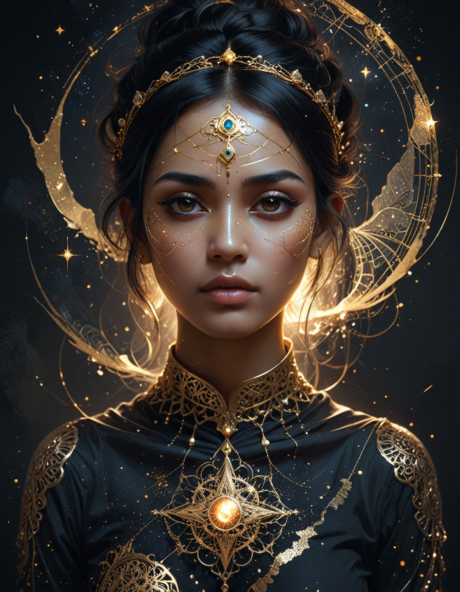 portrait of an Indian girl wearing golden jewelry and shining gems