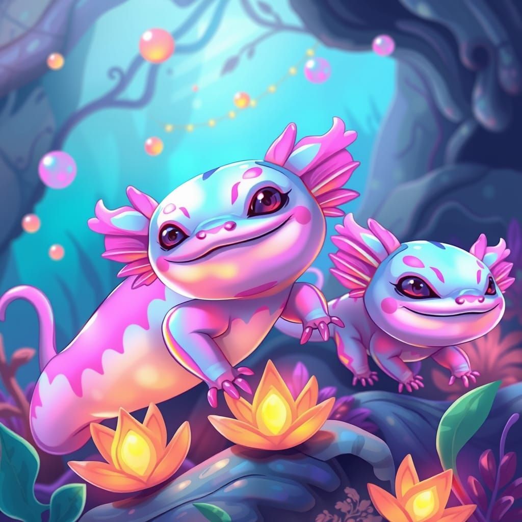Whimsical Axolotls in Vibrant, Dreamlike Chibi Art