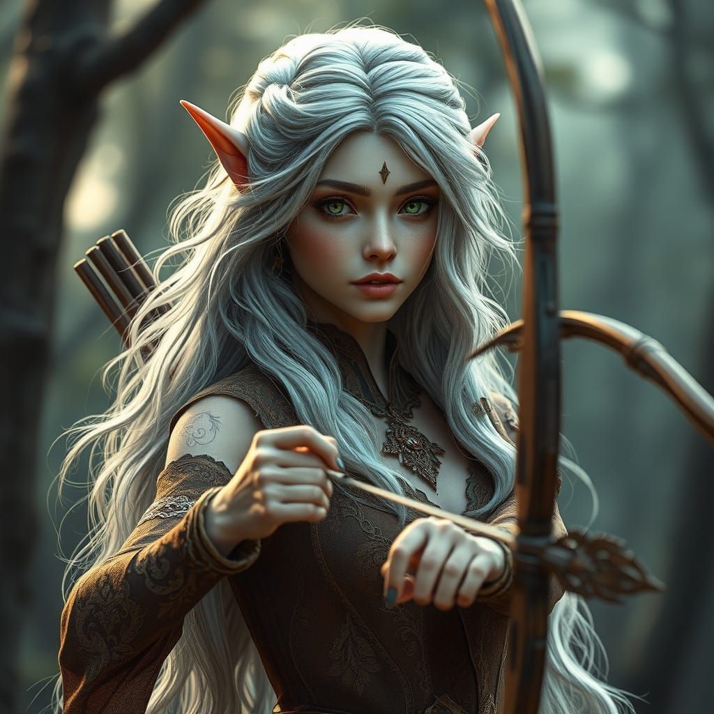 Ethereal Elven Ranger with Silver Hair and Ancient Forest Se...