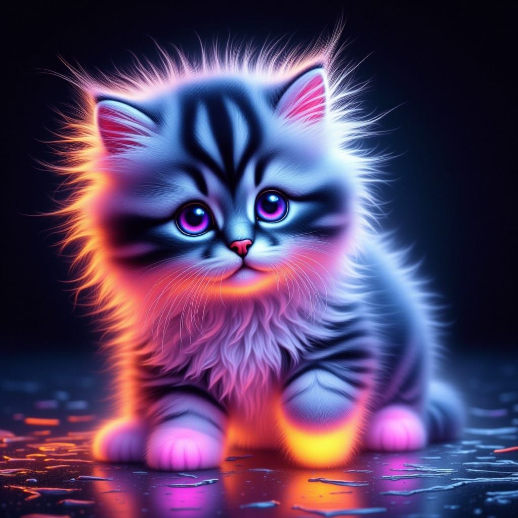 Vibrant, Neon-Lit Kitten in Ethereal Holographic Effect