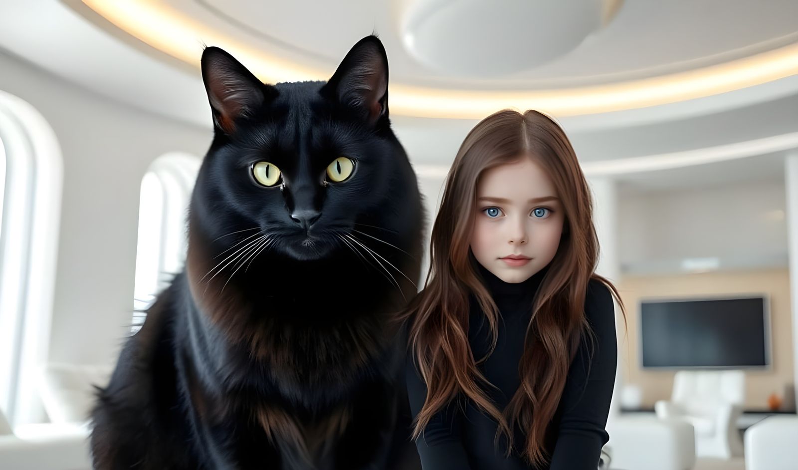 Girl with Giant Cat in Futuristic Room