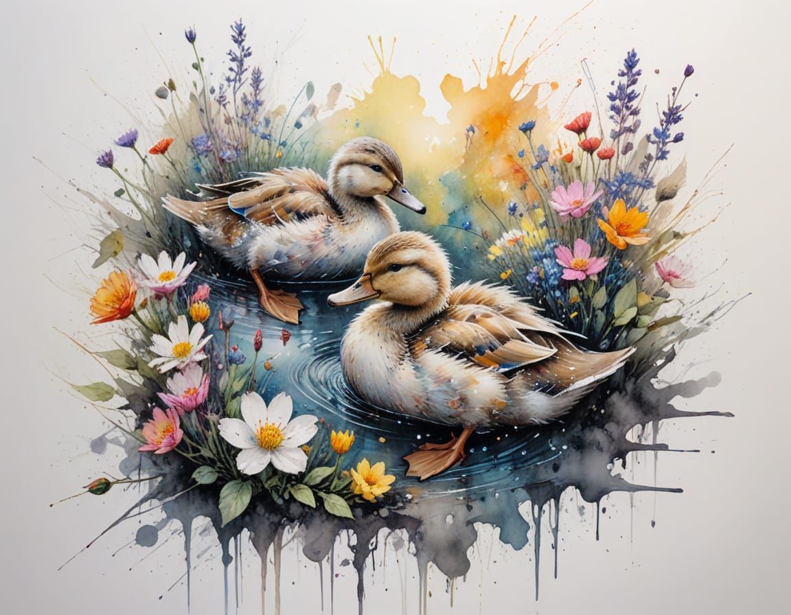 Playful Duckling in a Sunlit Watercolour Garden