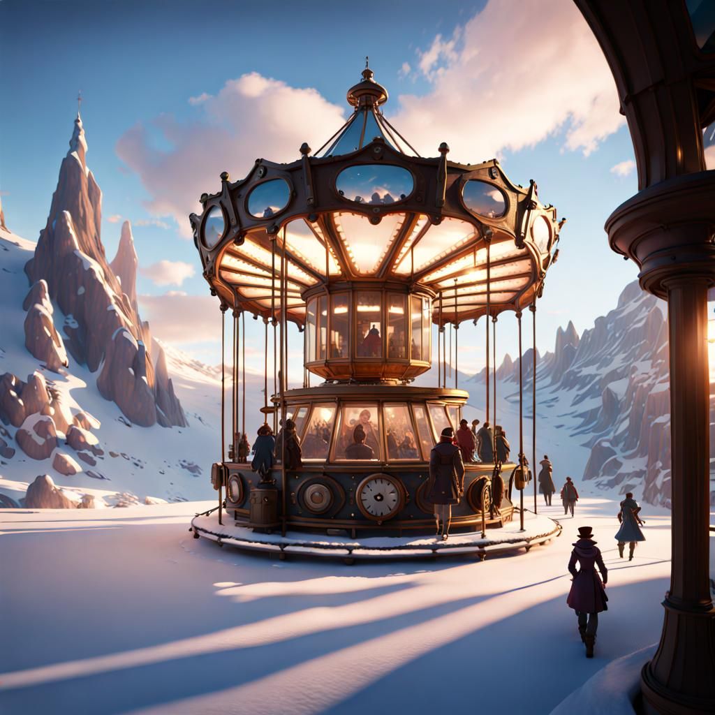 Glass Steampunk Carousel in Snowy Wonderland