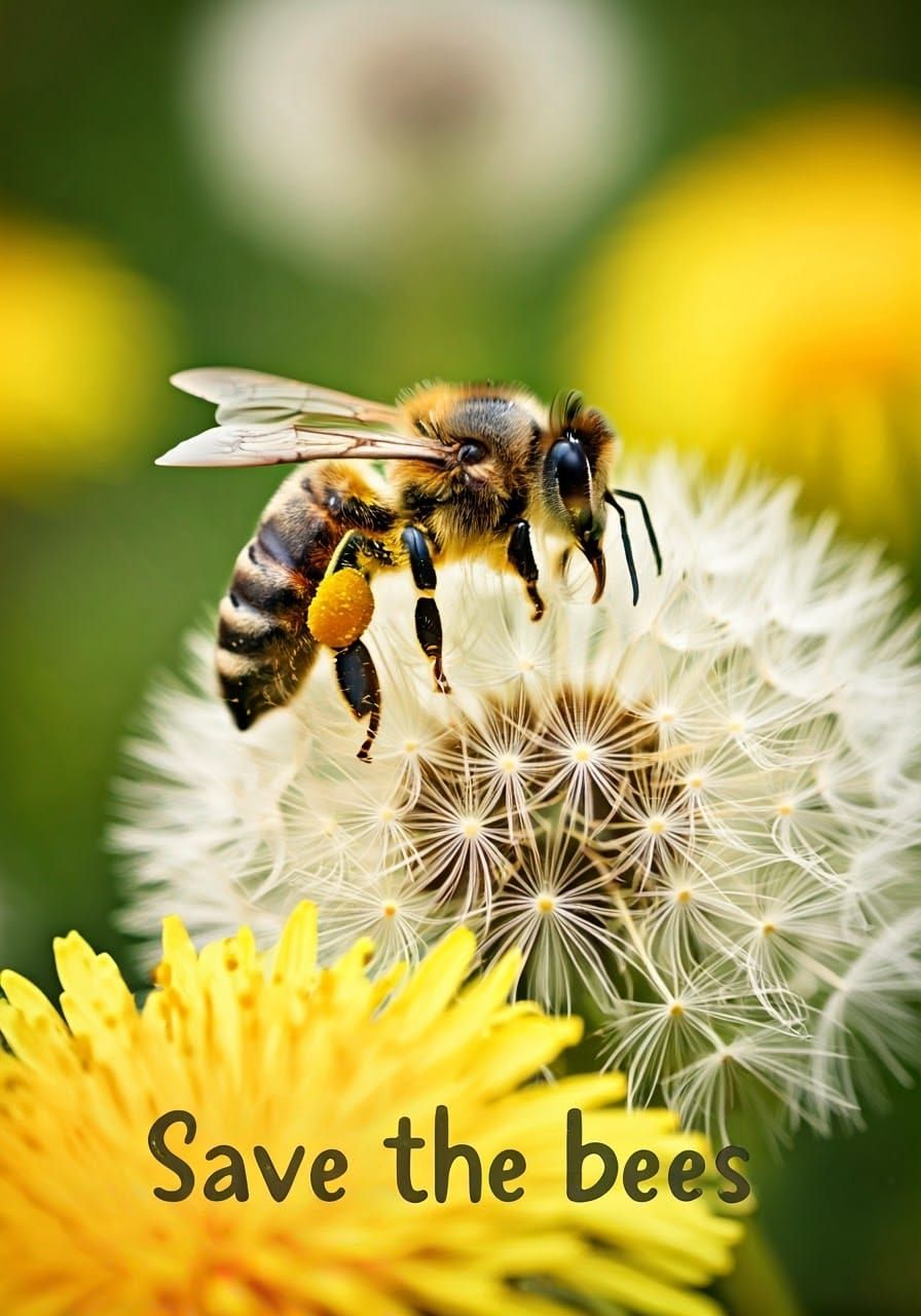 Vibrant Bee on a Dandelion in Watercolour Poster Style
