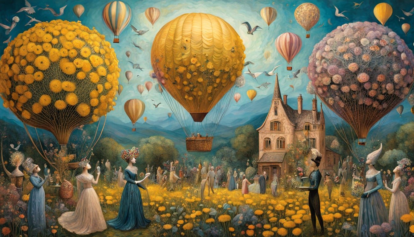 Ethereal Dandelion Hot Air Balloon at Sunset in Bio-Art Styl...