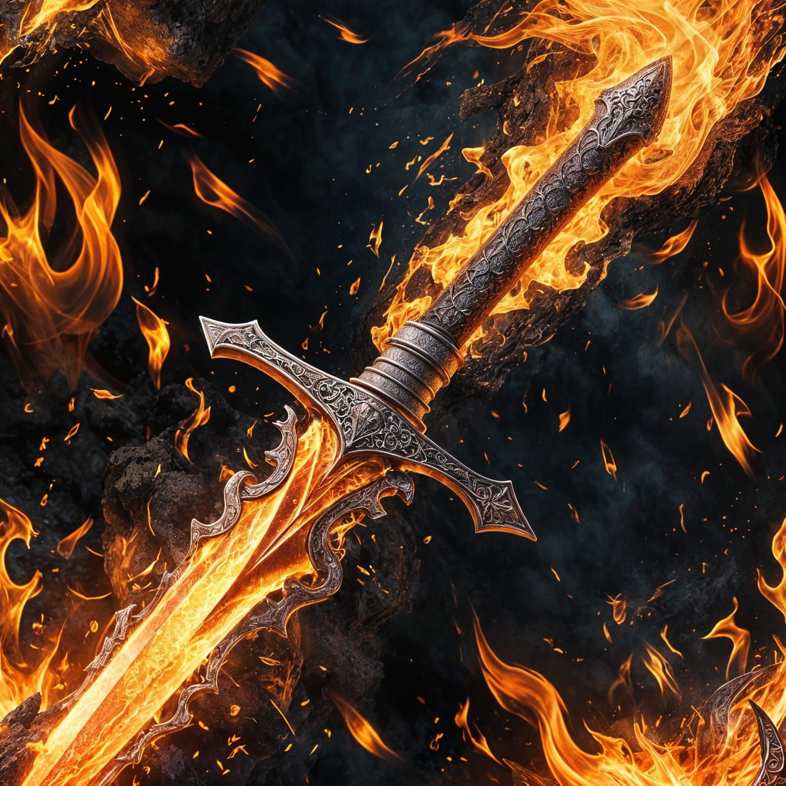Surreal Fire Sword Unveiled in Hyperrealistic Splendor