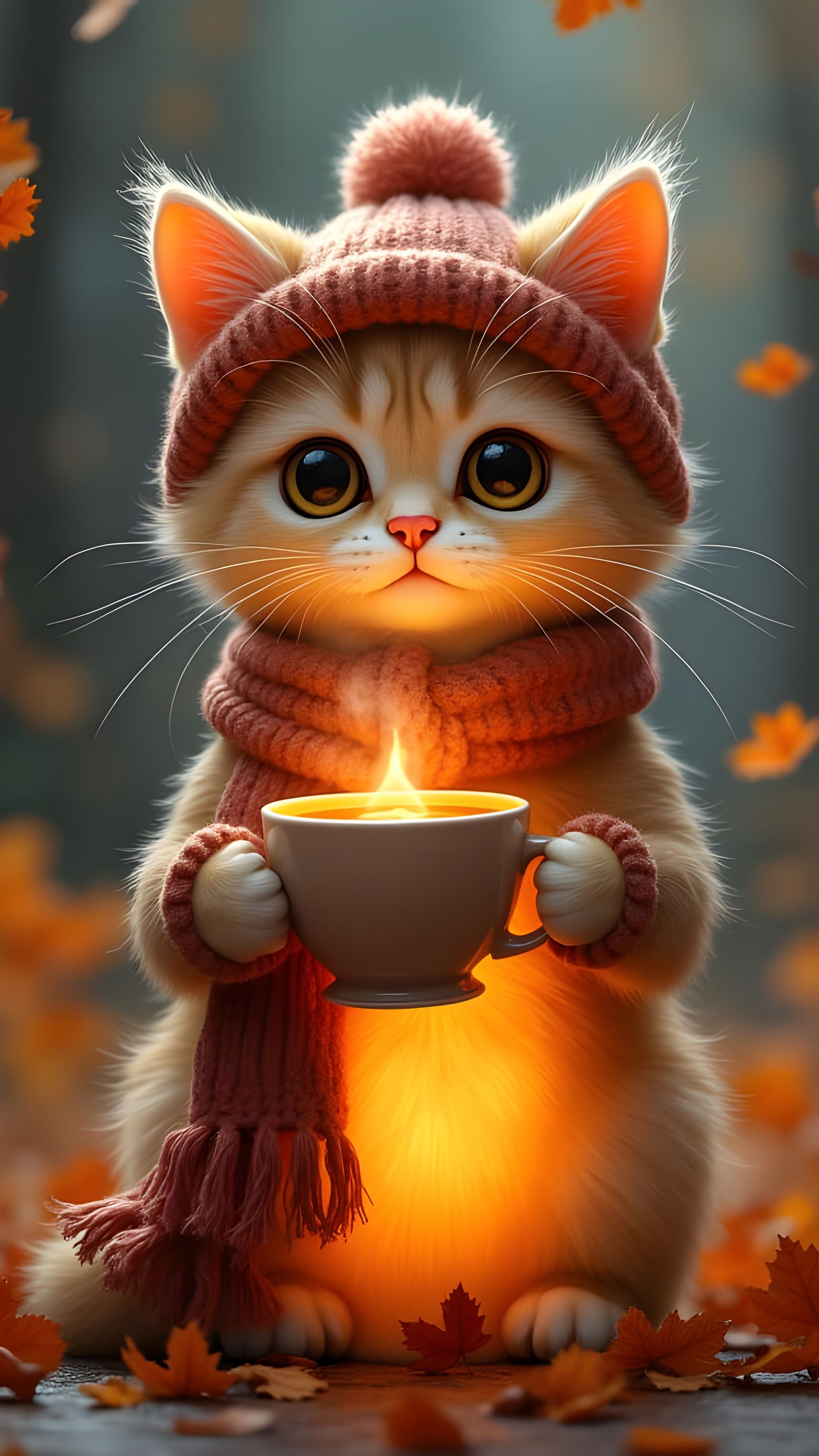 Whimsical British Cat Sips Tea in Autumn Glow