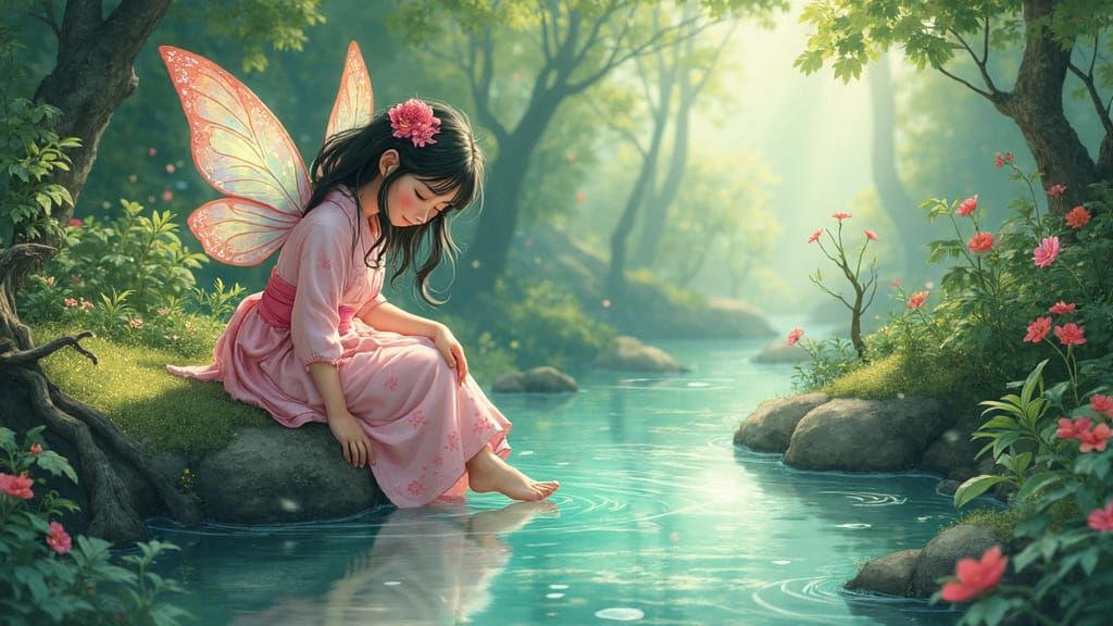 Whimsical Fairy Dances by Serene Waterfall