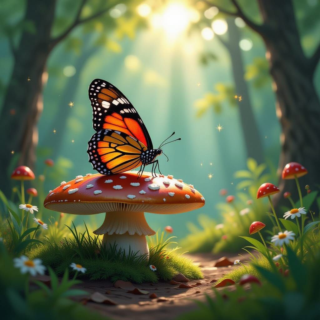 Majestic Stained Glass Butterfly on Enchanted Mushroom