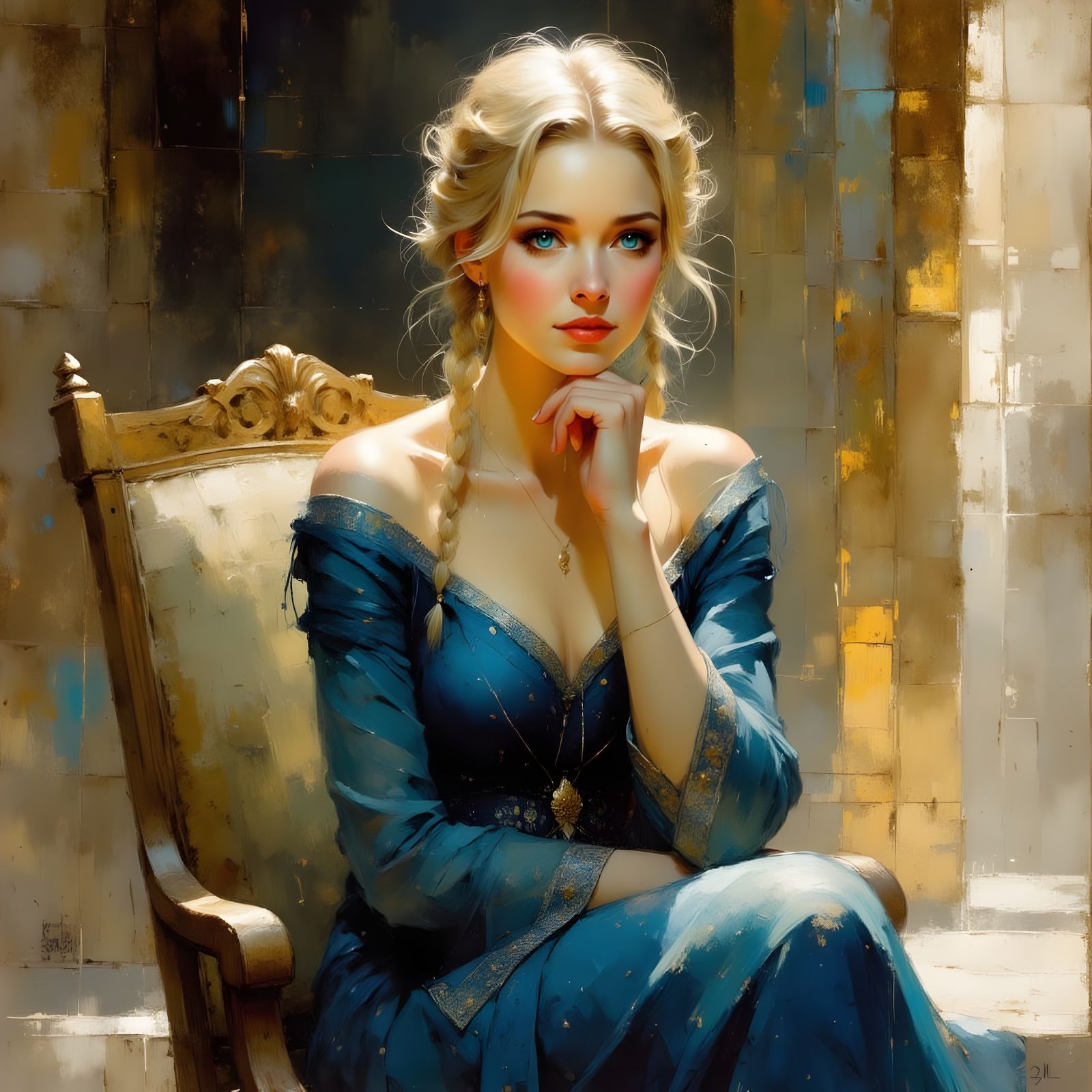 Norse Goddess Contemplating in Dark Blue Dress