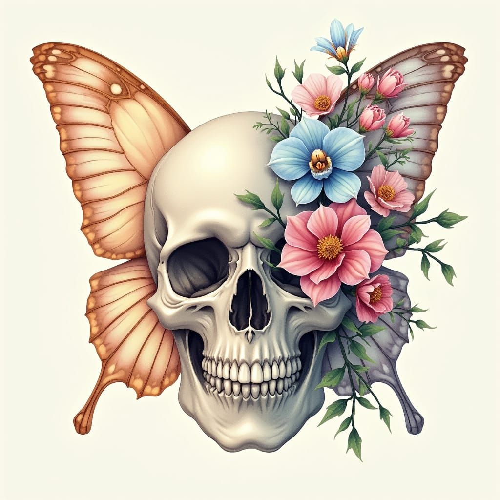 Dreamlike Floral Skull with Butterfly Wing in Soft Pastels