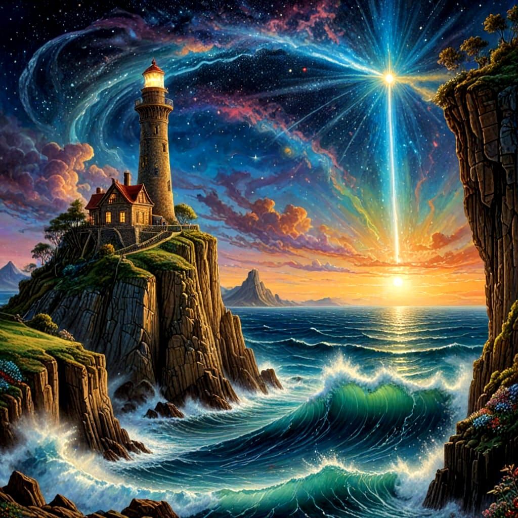 Cosmic Lighthouse on Jagged Cliff Over Starry Ocean