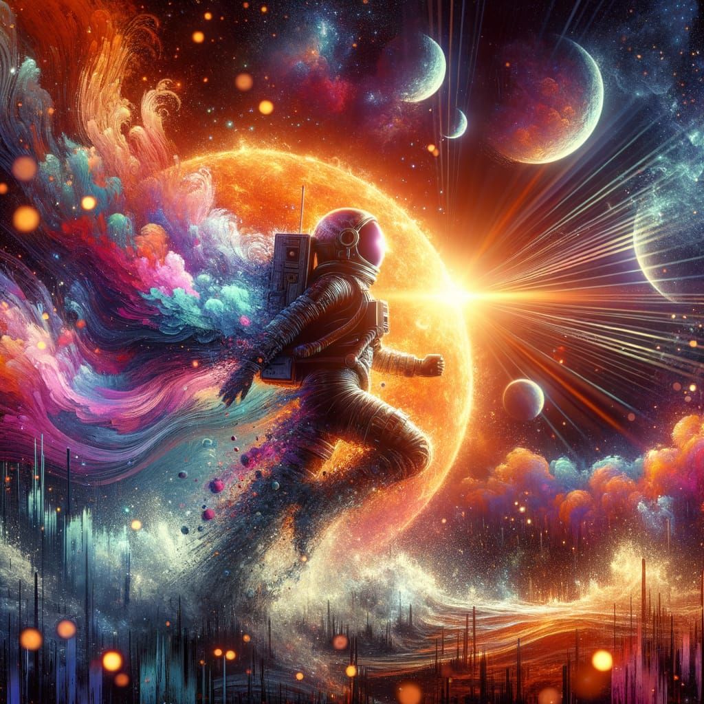 Surreal Astronaut Dashes on the Sun in Glitchcore Beauty