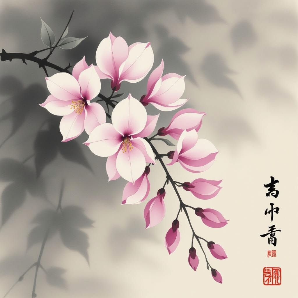 Solitary Wisteria Blossom in Ethereal Japanese Ink Wash Styl...