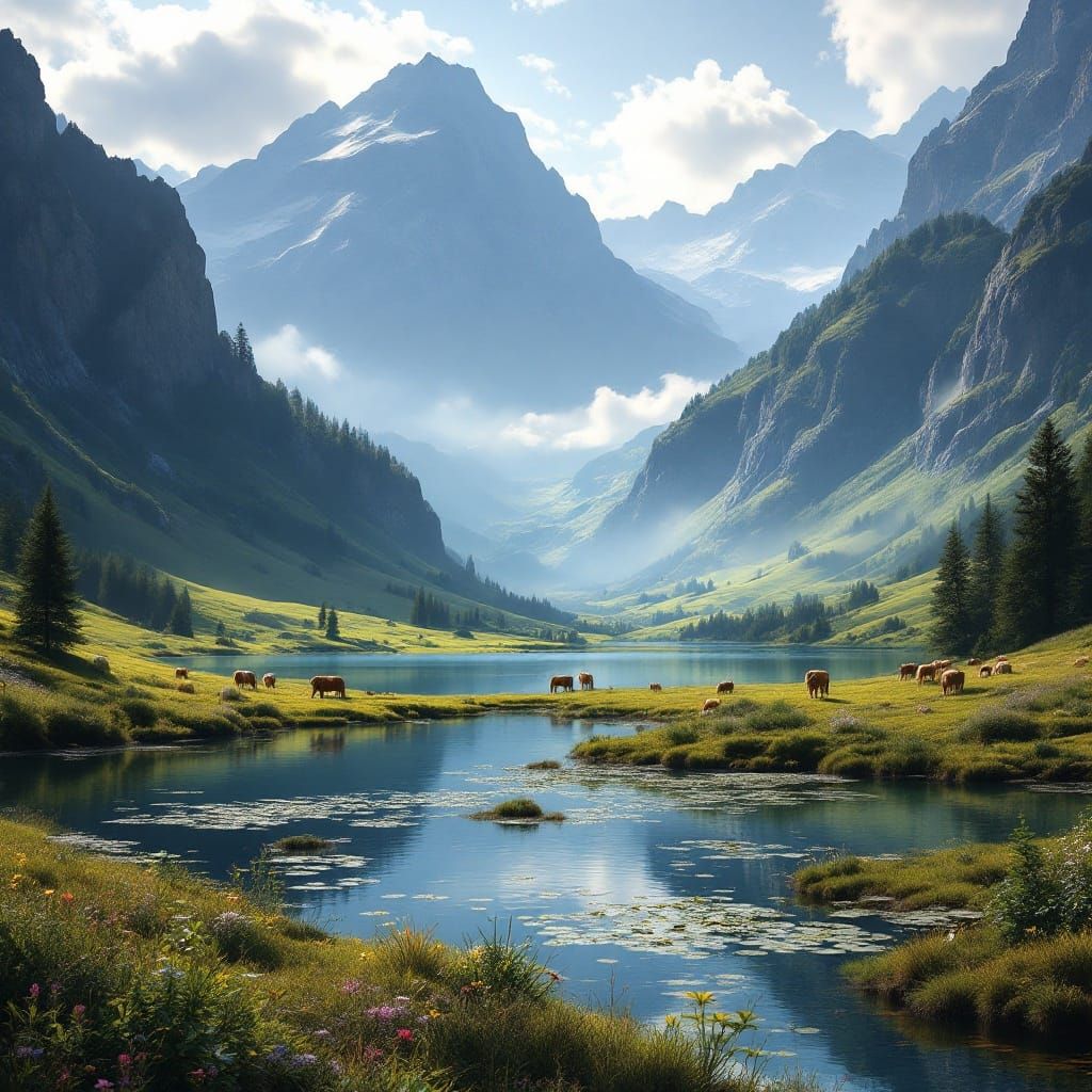 Swiss Alpine Landscape in a Fantastical Matte Painting Style