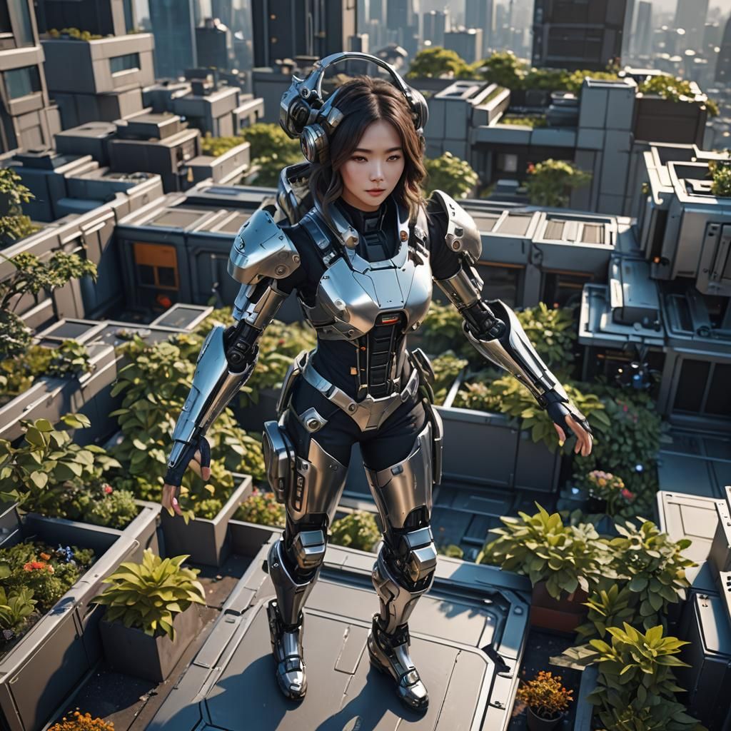 Korean Girl in Rooftop Garden: Sci-Fi Cinematic Render