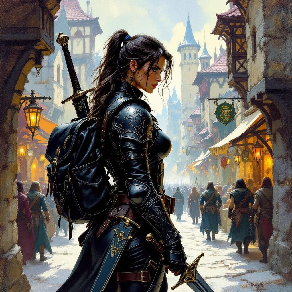 Female Adventurer Seeks Inn, Fantasy Oil Painting