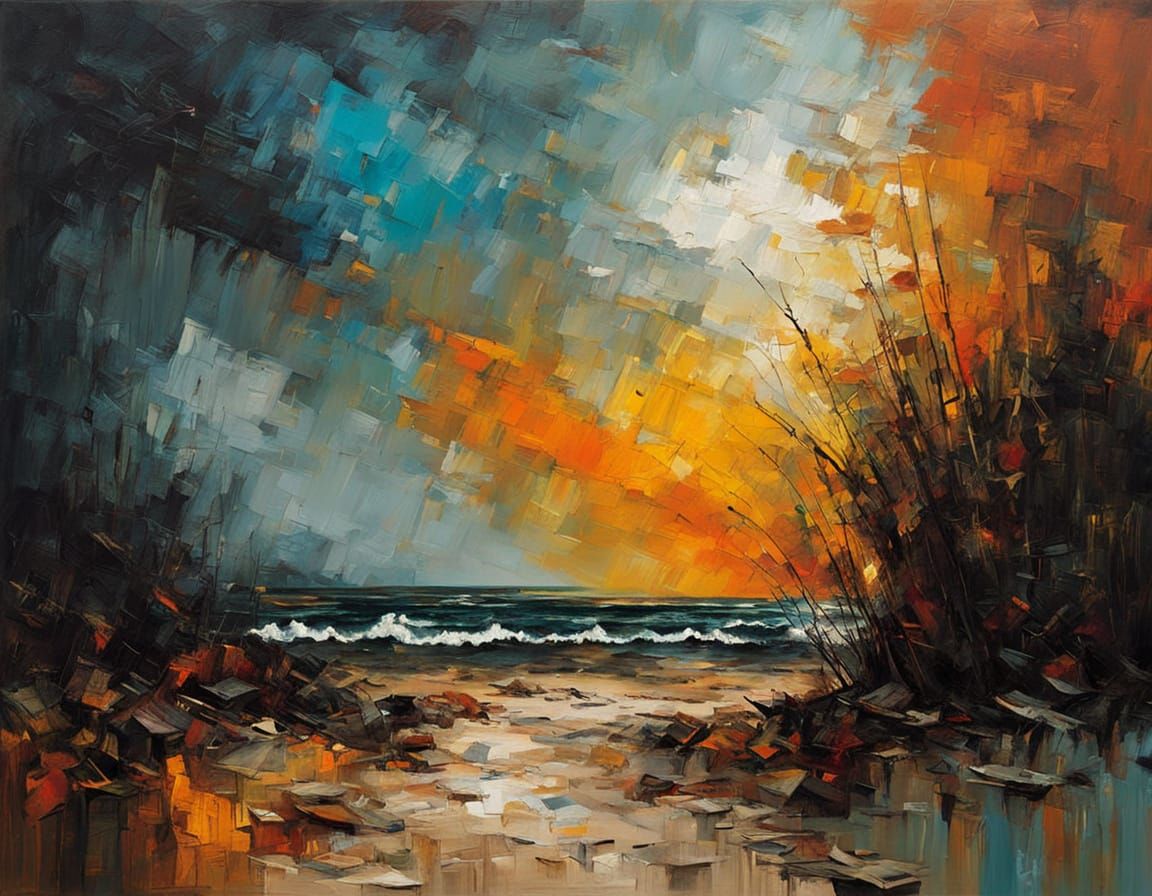 Rustic Oil Painting of a Snowstorm on a Desolate Beach