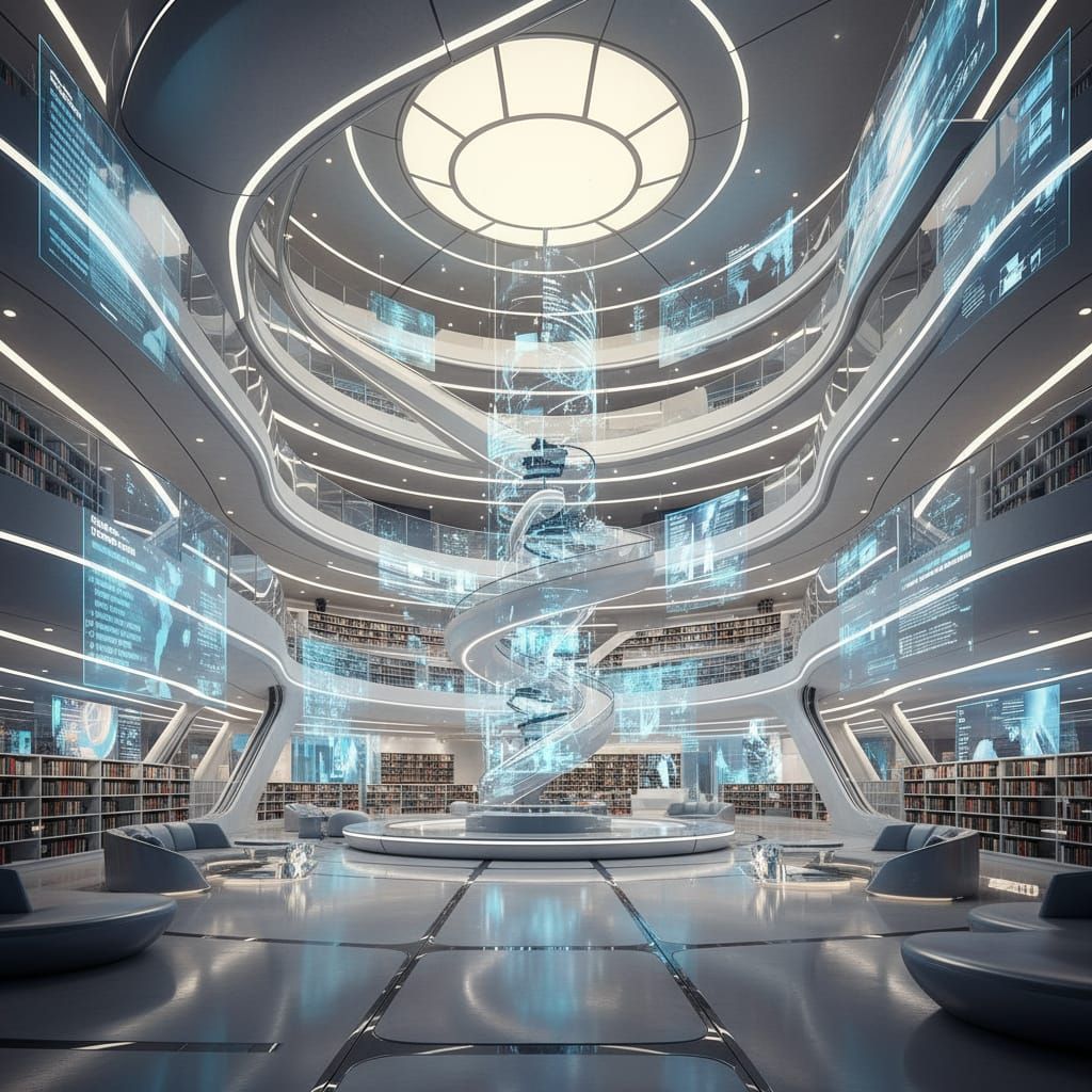 Futuristic Library Design with Holographic Displays