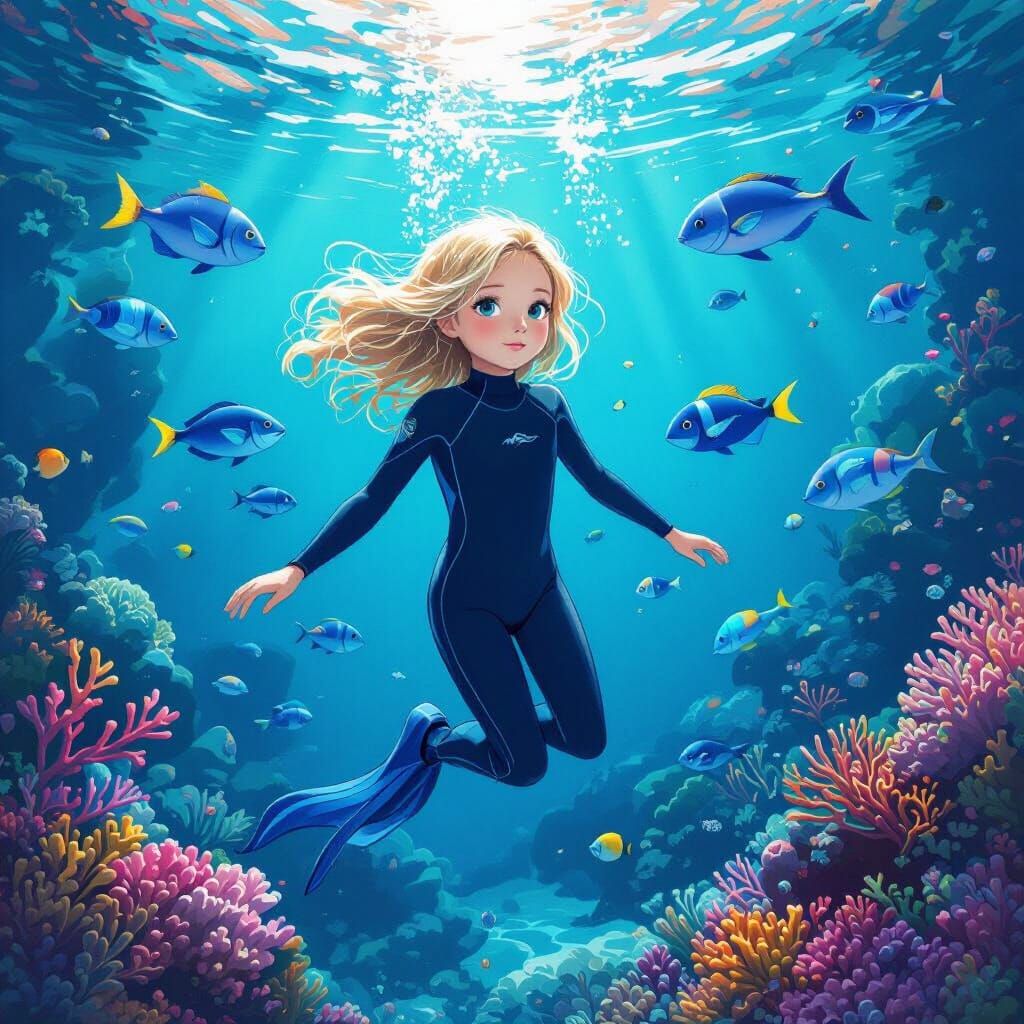 Underwater Dreamscape with Girl, Fish and Coral in Digital A...