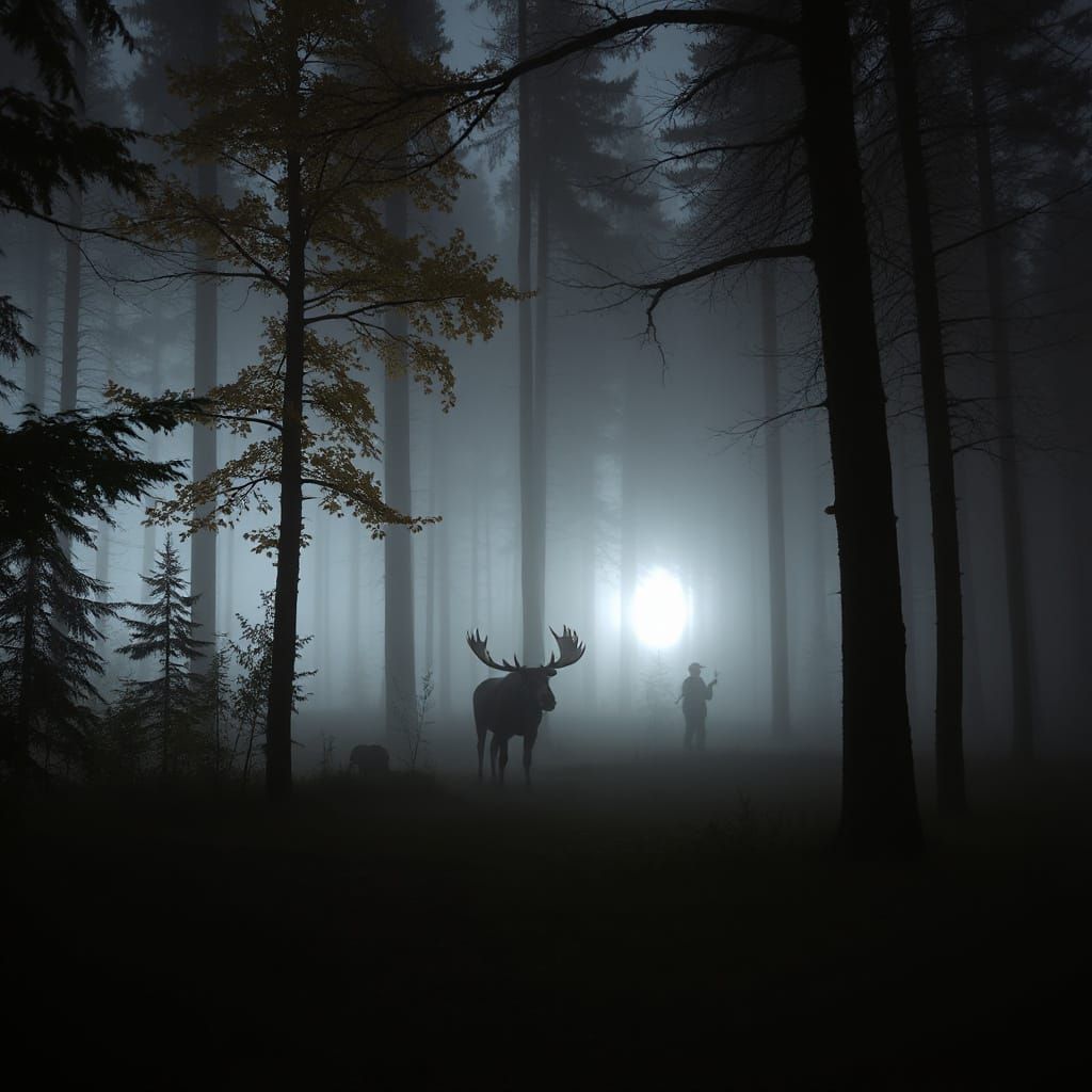 Moose and Hunter in Autumn Fog on Dark Night