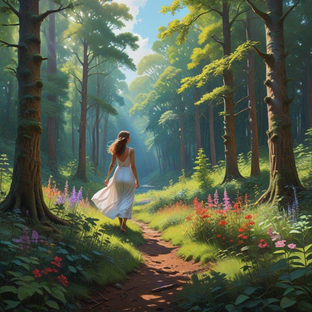 Woman Walking in Vibrant Forest Landscape