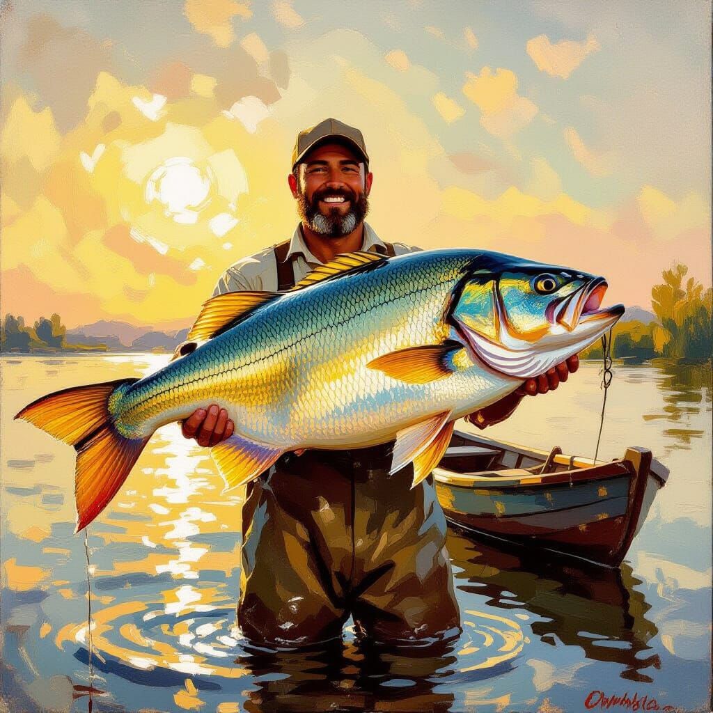 Fisherman Triumphs with Giant Catch in Golden Hour Oil Paint...