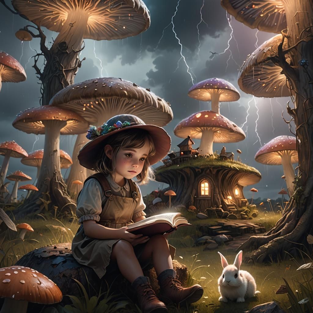 Girl Reading Under Glowing Mushroom in Stormy Field