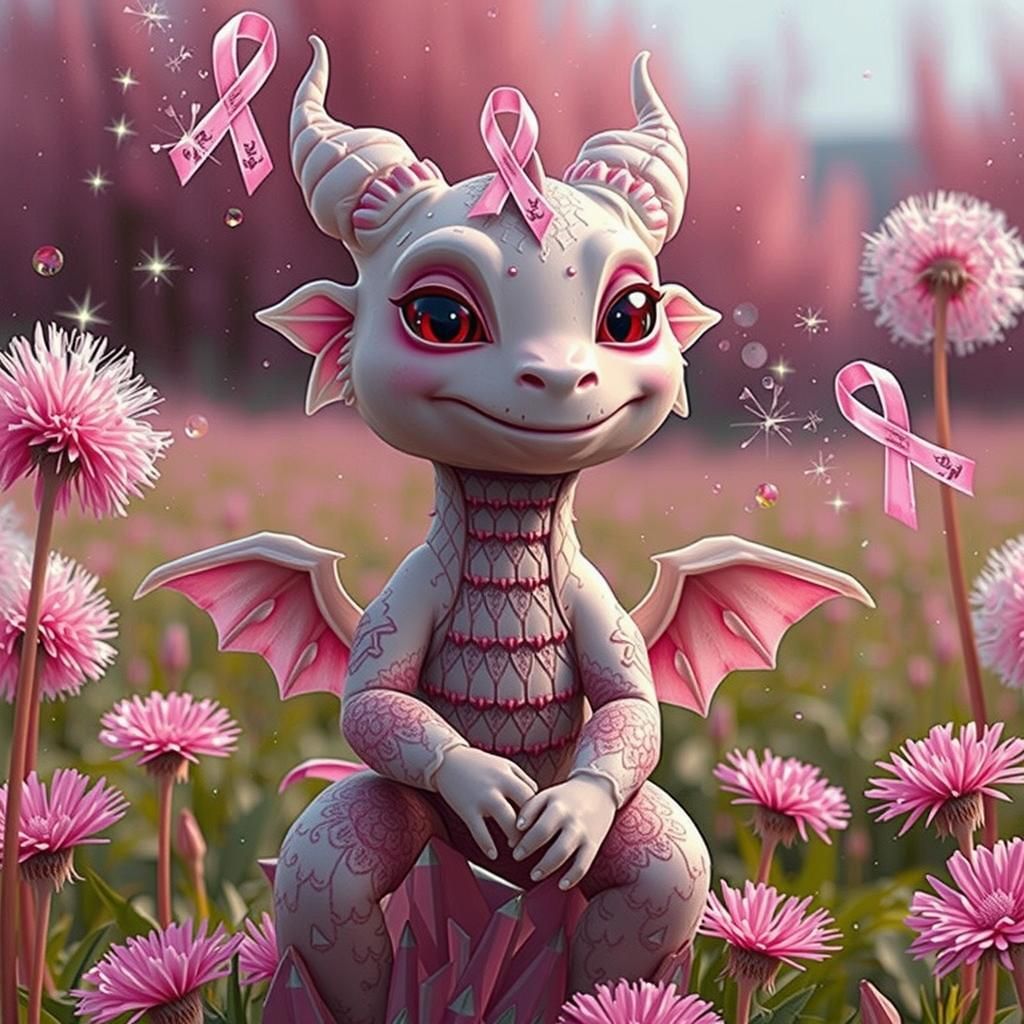 Pink Dragon-Girl Makes a Wish in Pastel Dandelion Field