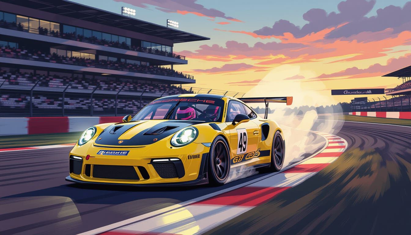 Porsche 911 GT3 RS Races Mulsanne Straight at Dusk